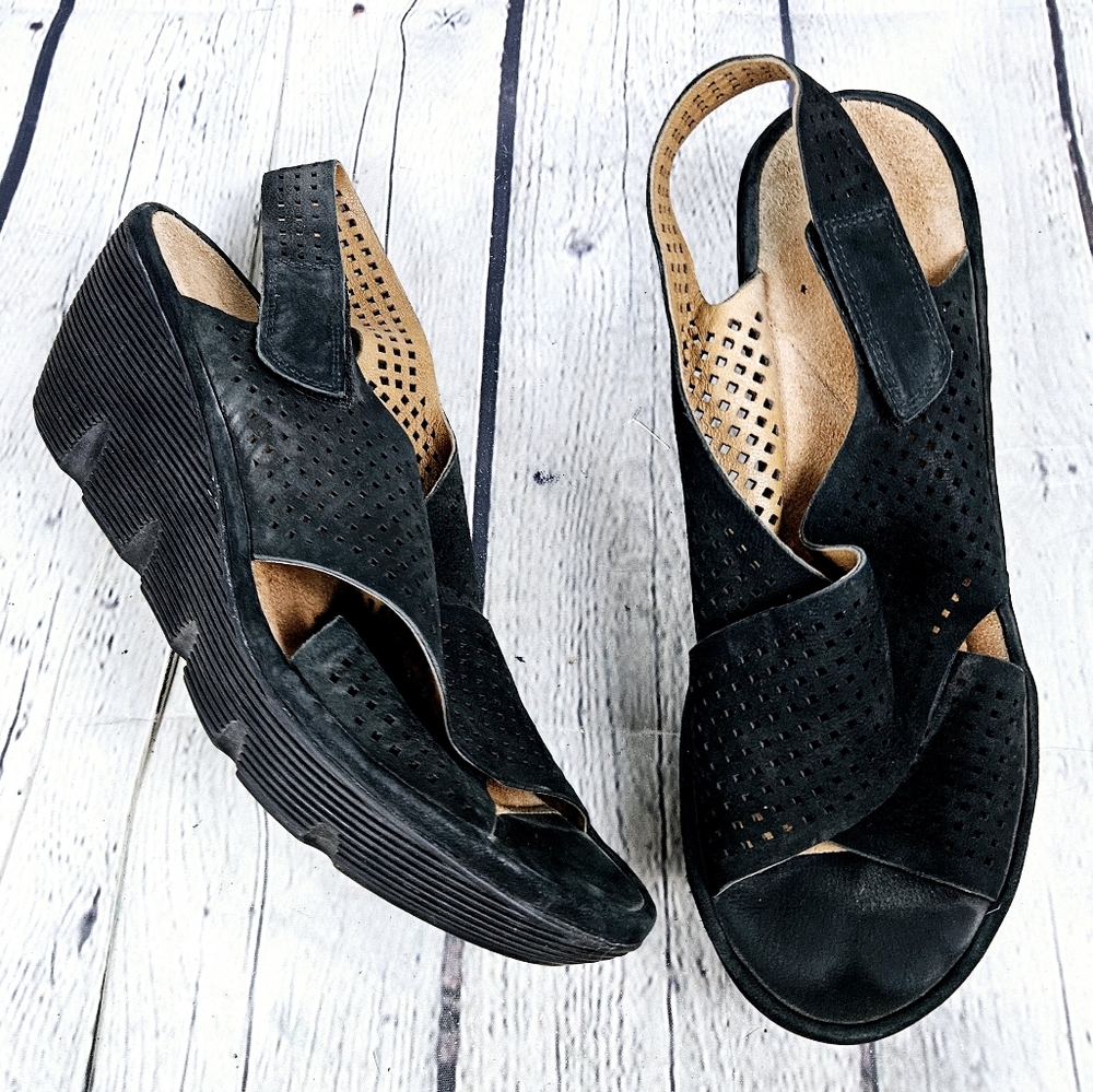 CLARKS | Artisan perforated suede leather slingback peep toe wedge sandals